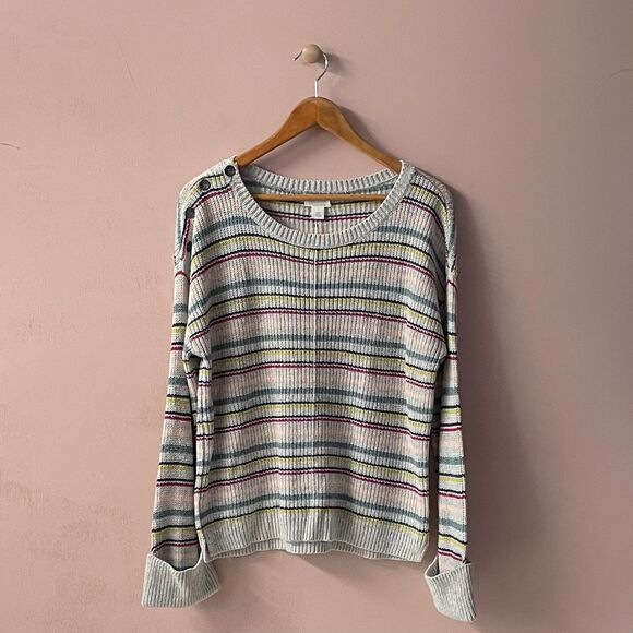 Caslon Light Gray Colorful Stripe Round Neck Knit Pullover Sweater Size S NWT - Picture 1 of 12